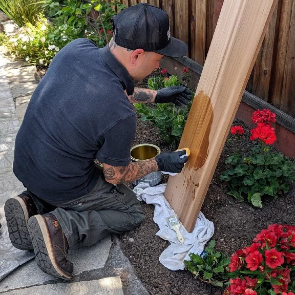 A person wearing a black cap and black gloves is kneeling on a stone pathway and staining a wooden board. The board is propped up against a wooden fence in a garden with red flowers and green plants. A white cloth is placed at the board's base.