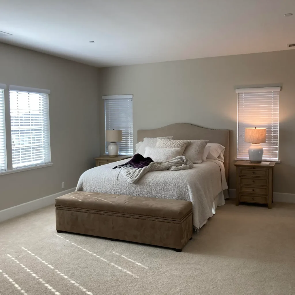 Neutral-toned bedroom with natural light and modern decor.