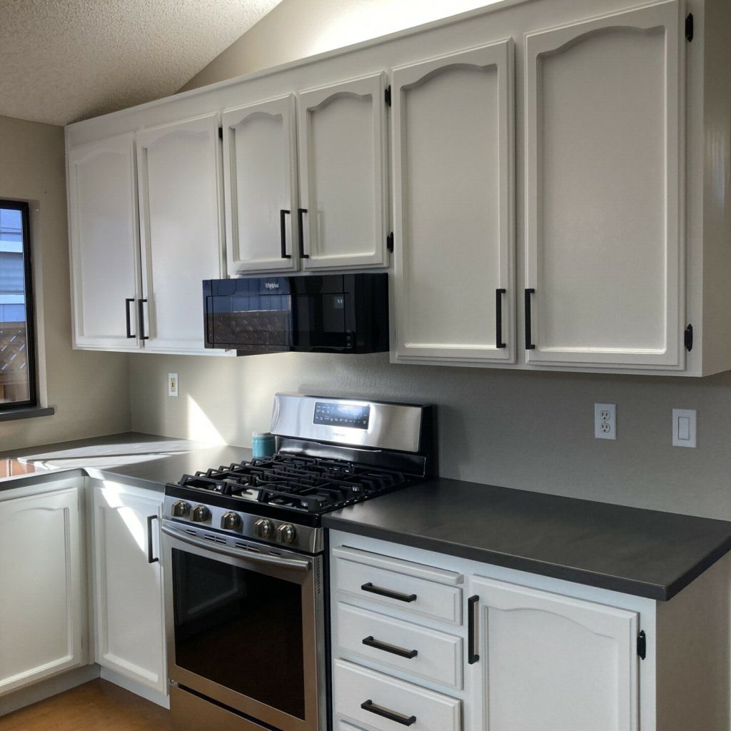 Modern kitchen with white cabinets and stainless steel appliances.